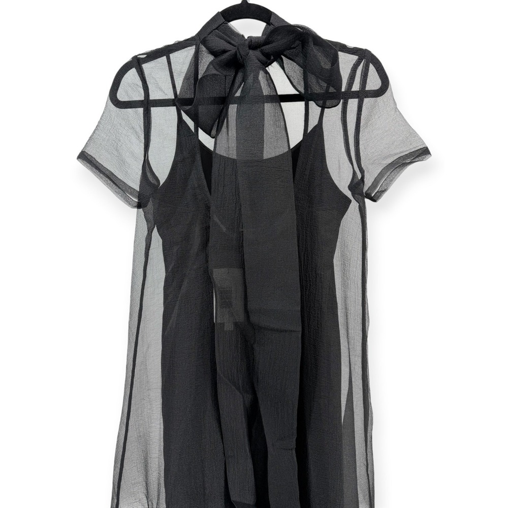 NWT CAARA Melody High Neck Organza Tie Neck Tiered Hem Dress Black - Size Large - Picture 10 of 12